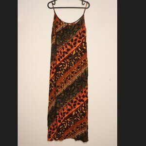 R.J. & Co Spaghetti strap dress brown and orange, leaf and diagonal pattern, 16